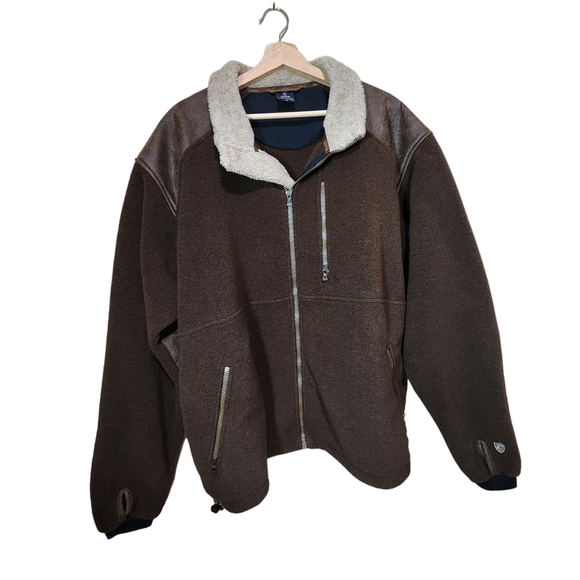 Kuhl Men's Alpenwurx Brown Full Zip Sherpa Collar Faux Leather Fleece Jacket XL - Picture 3 of 11